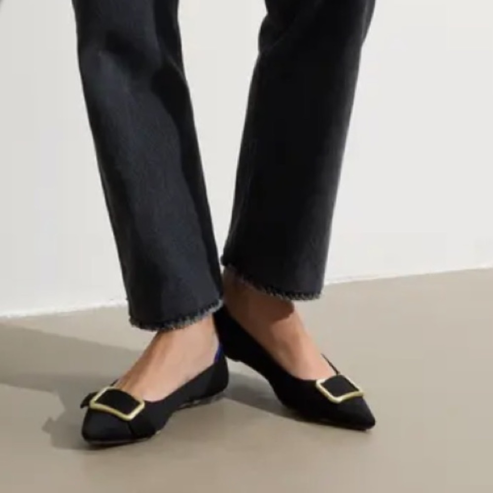 Rothy's Emblem Point Black Flats with Gold Buckle and Blue Trim. Size 7.1/2